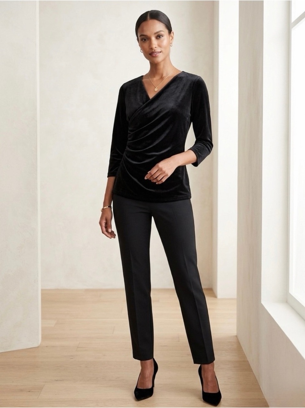 MSK Black Faux-Wrap Velvet Top with 3/4 Sleeves